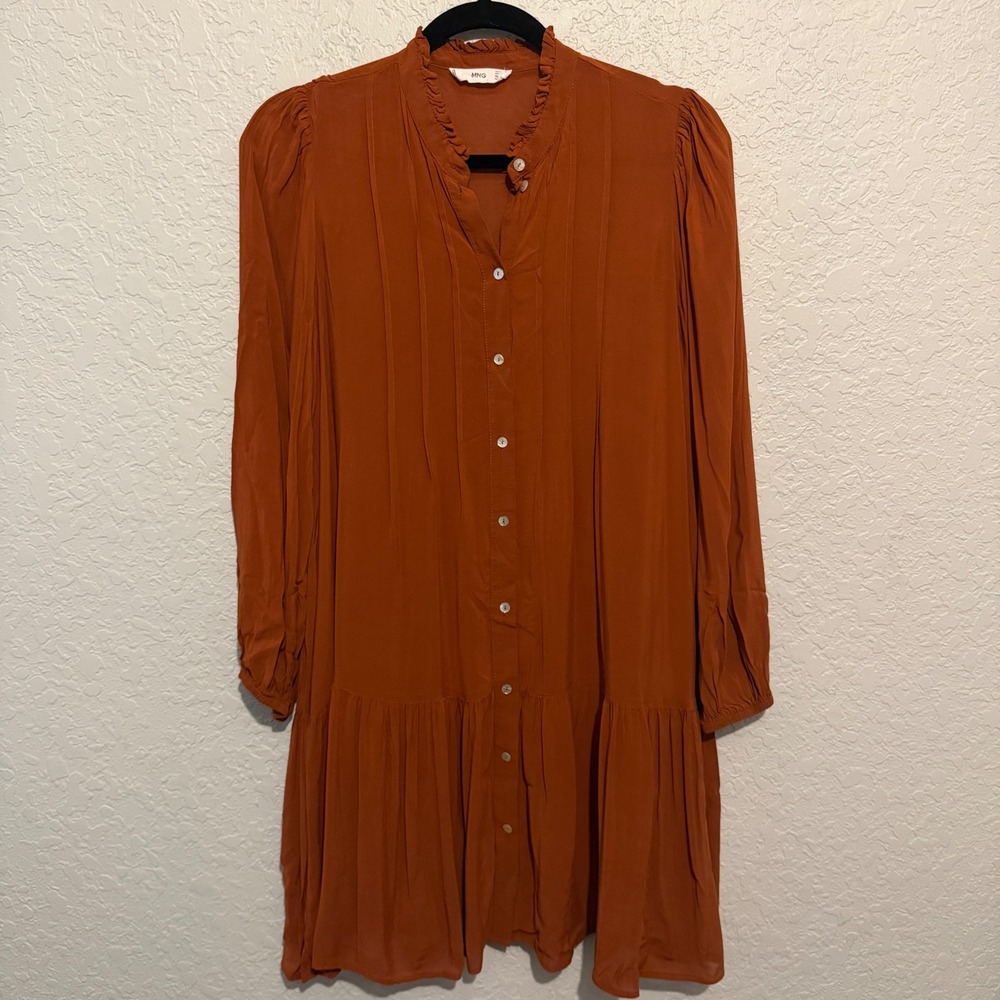 Mango Ruffle Neck Button Down Dress 4 Rust Boho Cottagecore